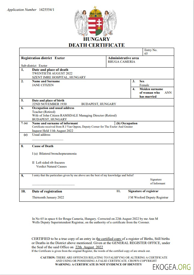 Acte d'état civil de la Hongrie, certificat de décès, modèle Word et PDF